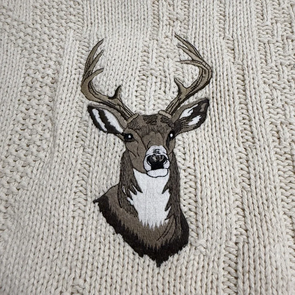 Vintage Shenandoah Deer‎ Sweater Mens XLT Beige Embroidered Animal Knit USA 90s